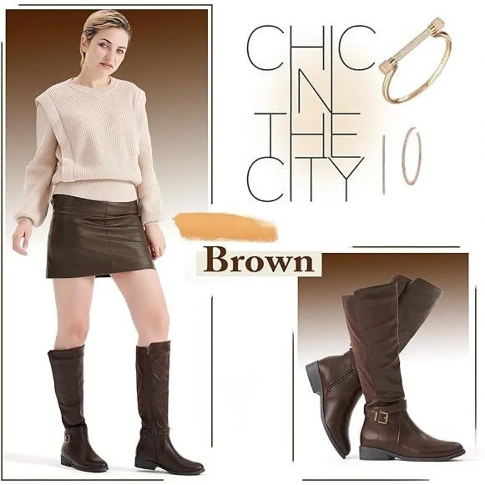 Women's US 6 Brown Knee High Riding Boots Flat Heel Tall Boots Round Toe Boots